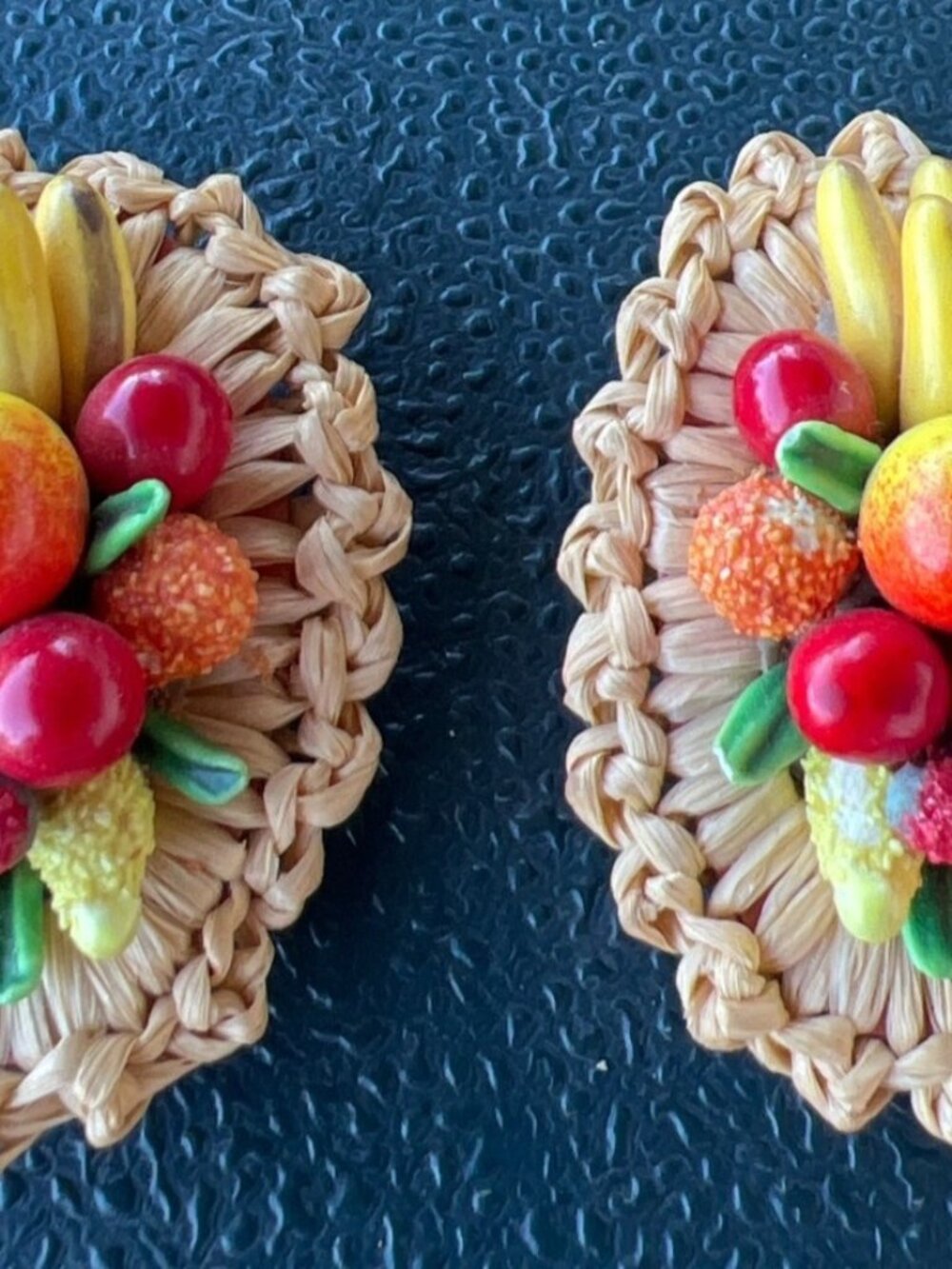 Rattan fruit clip on vintage earrings West Germany